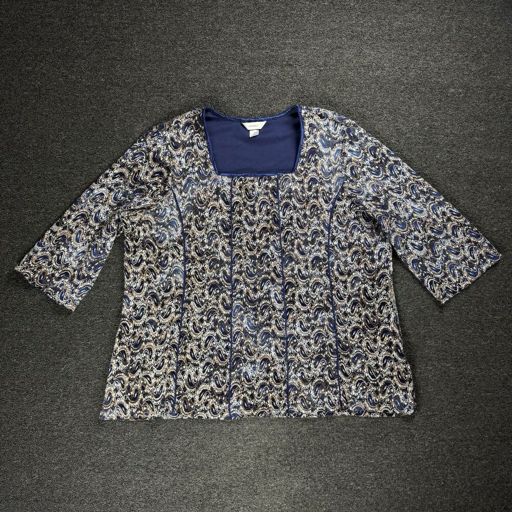 Cj Banks Women’s Blouse Size 3x Blue And Gold Lace Lined Formal 3/4 Sleeve Top